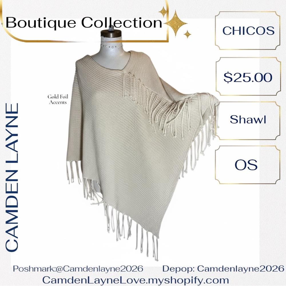 Chico's Cream Shawl Cape with Gold Accents - Picture 4 of 7